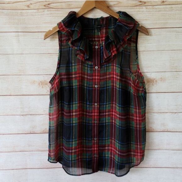 J. Crew Ruffle Collar Stewart Tartan Plaid Sleeveless Button Top Blouse Medium - Picture 4 of 11